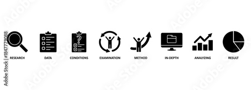 Case study banner web icon vector illustration concept with icon of research, data, conditions, examination, method, in-depth, analyzing, and result 