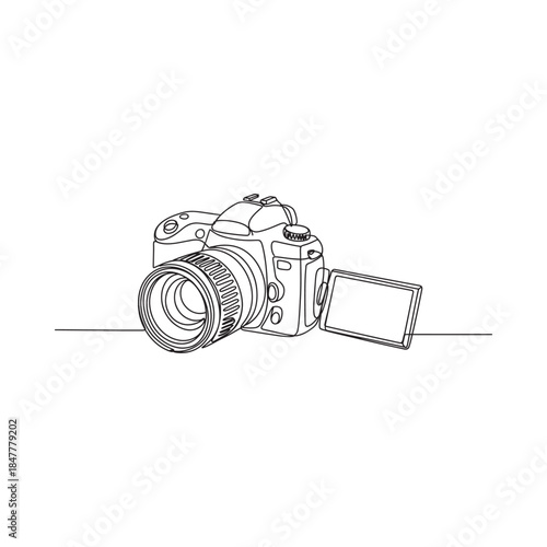 Minimalist line drawing of a modern digital slr camera on a flat surface
