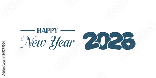 Elegant “Happy New Year 2026” typography design in dark blue on white background, modern calligraphy combined with bold numbers and swoosh element, perfect for holiday greetings, banners, and invitati