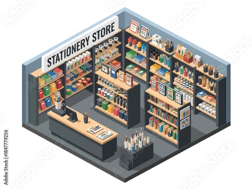 Isometric 3D illustration of a stationery store interior filled with colorful notebooks, pens, and art supplies. Features a checkout counter and organized retail display shelves