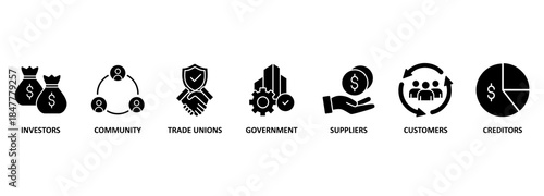 Vector Illustration concept Relationship of Stakeholders, Related of Investors, government and creditors 