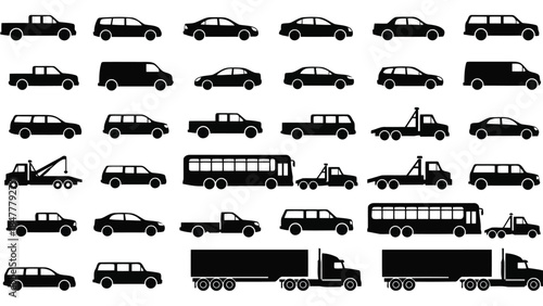 A large set of black silhouette icons representing various types of motor vehicles
