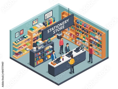 Isometric 3D illustration of a stationery store interior filled with colorful notebooks, pens, and art supplies. Features a checkout counter and organized retail display shelves