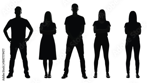 Silhouettes of a diverse group of men and women standing together in various poses