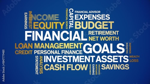 Financial Goals animated word cloud-text design animation tag kinetic typography seamless loop.