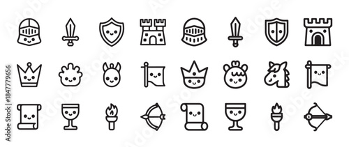 Cute kawaii medieval kingdom knight and fantasy objects line art icon set collection