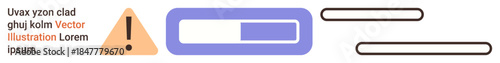 User interface design, loading status, digital progress, warning messages, educational content, notifications. Warning icon, progress bar and placeholder text in a clean layout. User interface