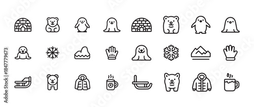 Cute kawaii arctic and winter animal characters with winter clothes line art collection