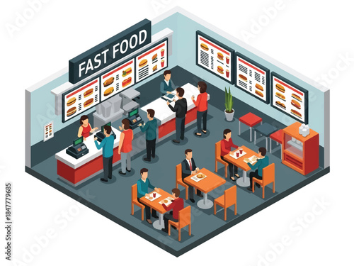 Isometric 3D view of a fast food restaurant interior with a service counter, menu board, and customers dining at tables. Perfect for hospitality and catering industry themes