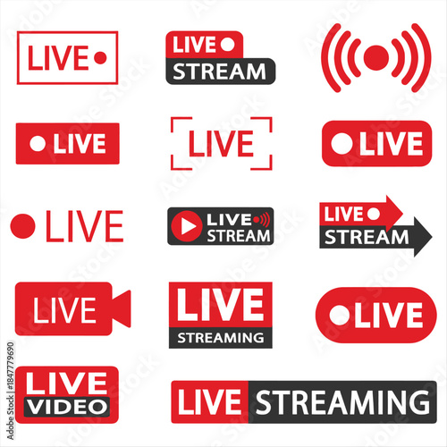 Diverse collection of live streaming and broadcasting icons for online video content, real-time events, and digital media indicators, suitable for web and mobile interfaces