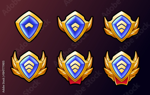 Rank level patent gold badges set. Star and wings. High quality illustrations. Perfect for games achievements.
