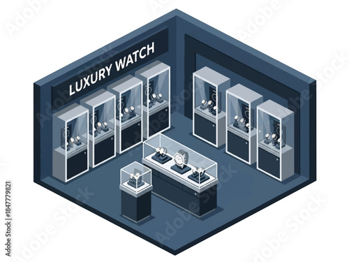 Luxury watch boutique interior in isometric 3D view. Elegant shop with glass display cases, wristwatches, and professional staff assisting a customer in a premium retail setting