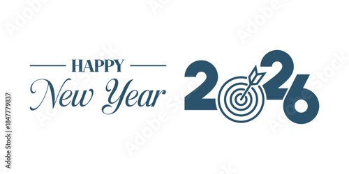 Elegant “Happy New Year 2026” typography design in dark blue on white background, modern calligraphy combined with bold numbers and swoosh element, perfect for holiday greetings, banners, and invitati