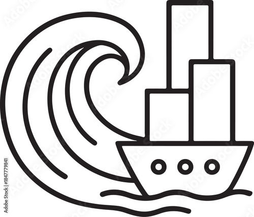 Sketchy engraving emblem of approaching wave to coast skyscrapers in monochrome. Engraving minimalistic vector in black ink drawing on transparent background