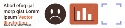 Data analysis, feedback, survey results, performance tracking, business metrics, communication tools. Sad face next to a bar chart and text. Data analysis and feedback