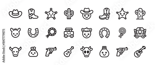 Set of 24 cowboy western vector line icons with cute faces depicting wild west adventures