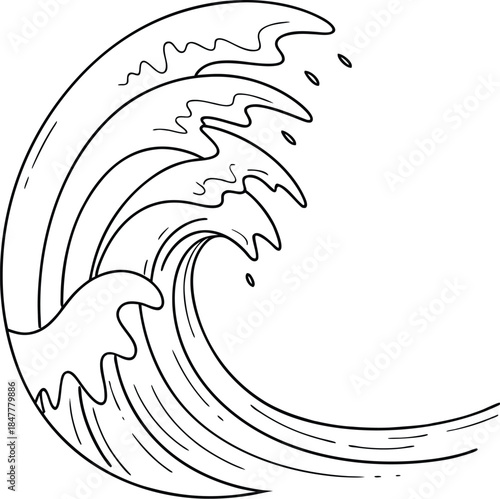 Sketchy engraving emblem of approaching wave to coast skyscrapers in monochrome. Engraving minimalistic vector in black ink drawing on transparent background