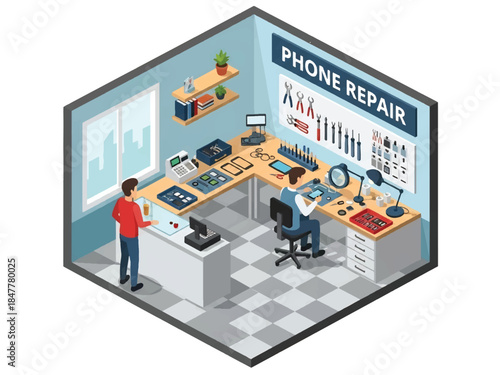 Isometric 3D view of a mobile phone repair shop. A technician fixes a smartphone at a workbench with tools, while a customer stands at the service counter. Ideal for tech themes