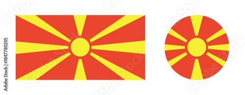 Flag of North Macedonia. Set of North Macedonia Republic rectangular, round flag. Circle, rectangle flag icon, badge, button, banner, backdrop