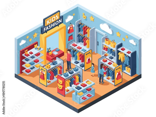 Colorful children's clothing store interior in isometric 3D style. A kid's fashion boutique with clothing racks, cute dresses, and friendly staff helping a shopper pick outfits