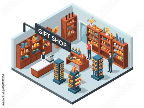 Isometric 3D view vector of a gift shop interior with souvenirs, decorative items, and seasonal retail displays