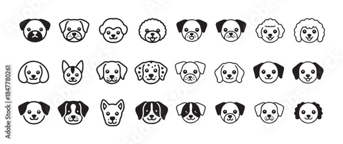 Cute dog faces icons set in a simple line art style suitable for pet related graphic designs