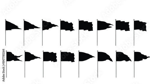 Set of waving black flag silhouettes on poles in different shapes and movements
