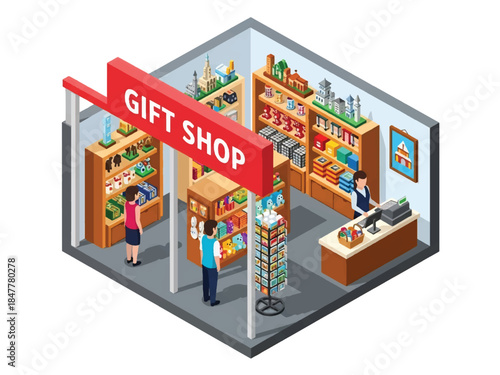 Isometric 3D view vector of a gift shop interior with souvenirs, decorative items, and seasonal retail displays
