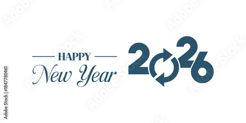 Elegant “Happy New Year 2026” typography design in dark blue on white background, modern calligraphy combined with bold numbers and swoosh element, perfect for holiday greetings, banners, and invitati
