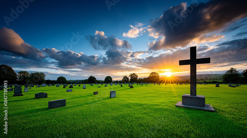 Peaceful cemetery at sunset in autumn mountains with cross and gravestones