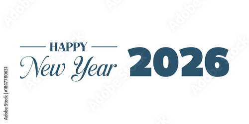 Elegant “Happy New Year 2026” typography design in dark blue on white background, modern calligraphy combined with bold numbers and swoosh element, perfect for holiday greetings, banners, and invitati