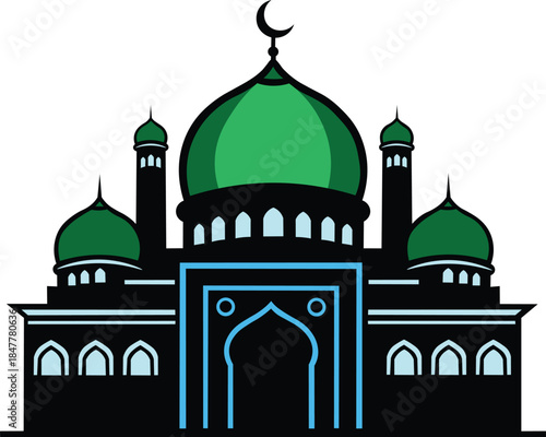 Stunning mosque architecture with green domes and minarets