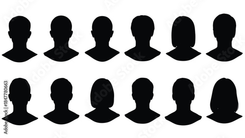 Diverse collection of head and shoulder silhouettes viewed from behind, showcasing various hairstyles