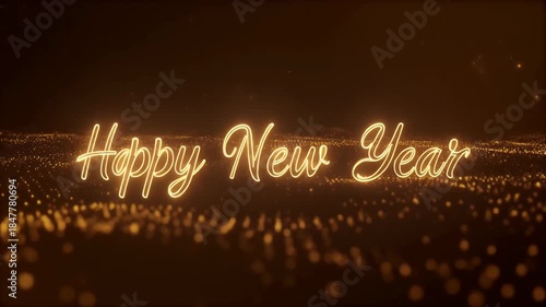 A glowing neon sign reads 'Happy New Year' against a dark, sparkly background.