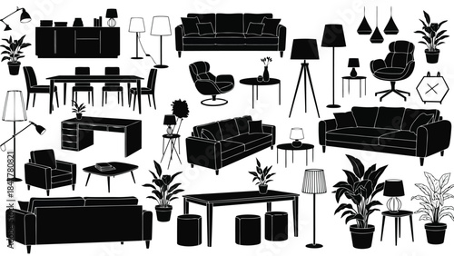 Black silhouette collection of modern home furniture and accessories for interior design