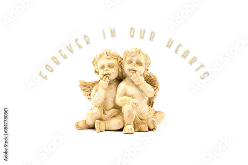 Condolence card with two angel statues and the text 'Forever in our hearts' isolated on a white background.