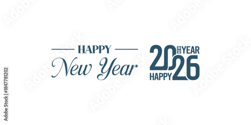 Elegant “Happy New Year 2026” typography design in dark blue on white background, modern calligraphy combined with bold numbers and swoosh element, perfect for holiday greetings, banners, and invitati