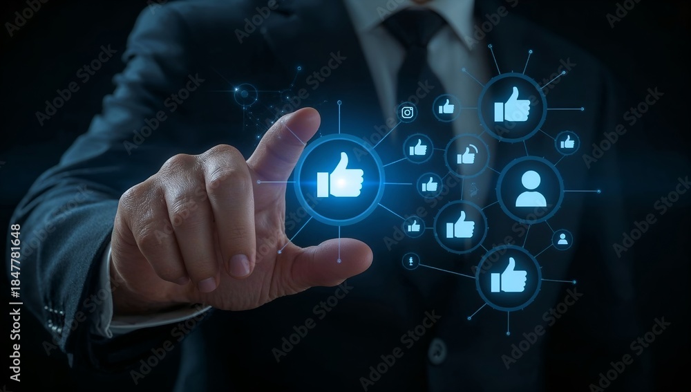 Fototapeta premium A professional person with a suit interacting with social media likes and connections, symbolizing online engagement