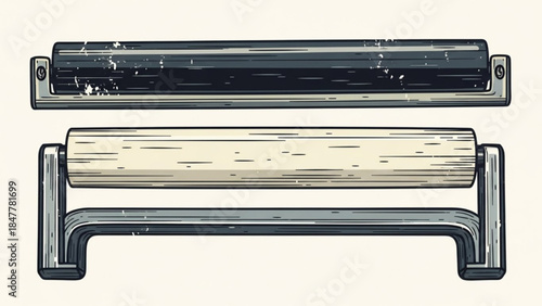 Two vintage roller handles one black and one wood grain isolated on a textured background