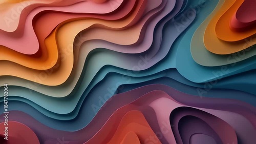 Abstract layered waves of warm and cool colors.