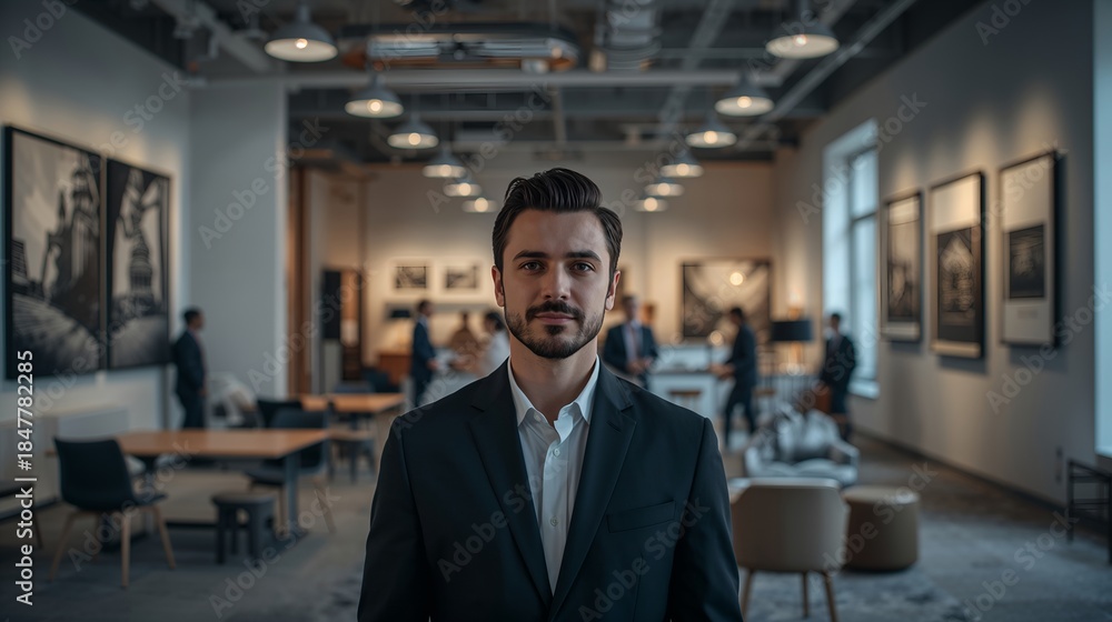 Fototapeta premium A sophisticated man standing confidently in a modern art gallery, emanating an aura of success and intelligence. He is impeccably dressed, surrounded by art.