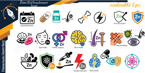 Zinc Supplement Icon Set: Vector and Scalable Health, Nutrition, and Wellness Symbols Collection