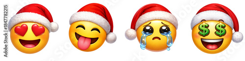 Christmas emoji pack with santa hats and four reactions: love eyes, silly grin, crying face, money eyes, for festive stickers.