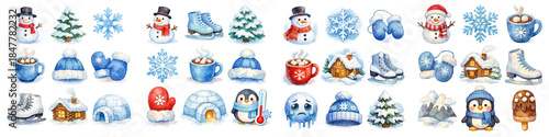 Watercolor winter clipart collection with snowmen, cocoa, mittens, skates, cabins, trees and snowflakes. Hand painted icons for christmas patterns, kids prints and crafts.