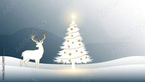 Elegant white reindeer and illuminated Christmas tree in a snowy landscape festive winter holiday ba