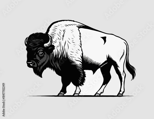 Bison in black and white animal drawing,