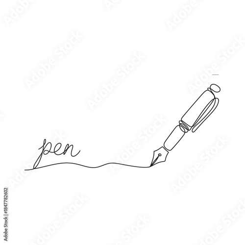 A single line drawing of a fountain pen and the handwritten word pen