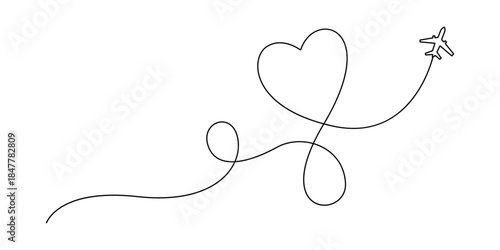Minimalist single line art vector illustration of an airplane's flight path forming a heart shape. Single continuous black line represents an airplane's route