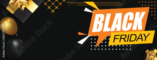 A premium 3D Black Friday banner with gold balloons and gifts on black, perfect for elegant discount offers and high-end marketing plans