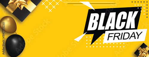 A luxury 3D Black Friday banner with gold balloons and gifts on yellow, perfect for premium sale events and festive commercial goals